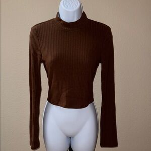 OGL Chocolate Ribbed Cropped Mock Neck Sweater Brown Women’s Size Large
